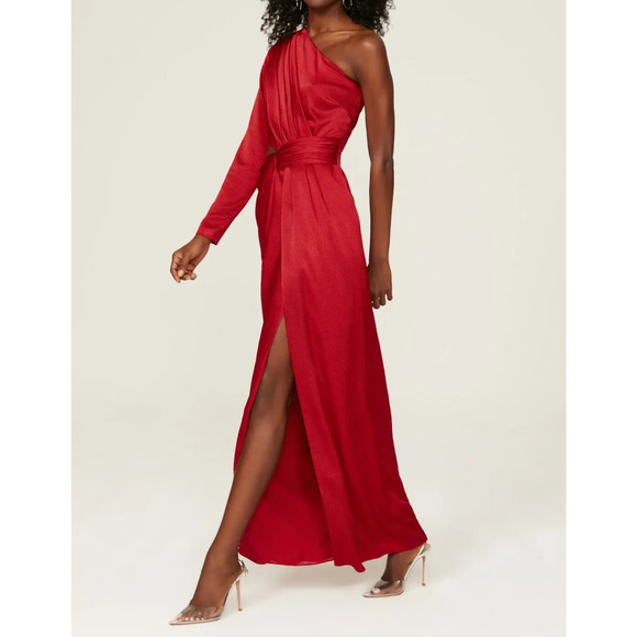 Monique Lhuillier Red One-Shoulder Midi Dress - Picture 2 of 14